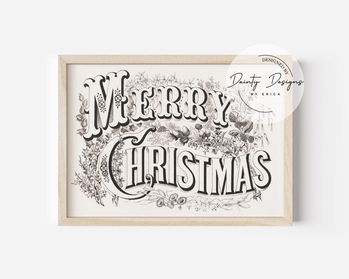 Merry Christmas Vintage Botanical Lettering Holiday Print Decor - Image 3