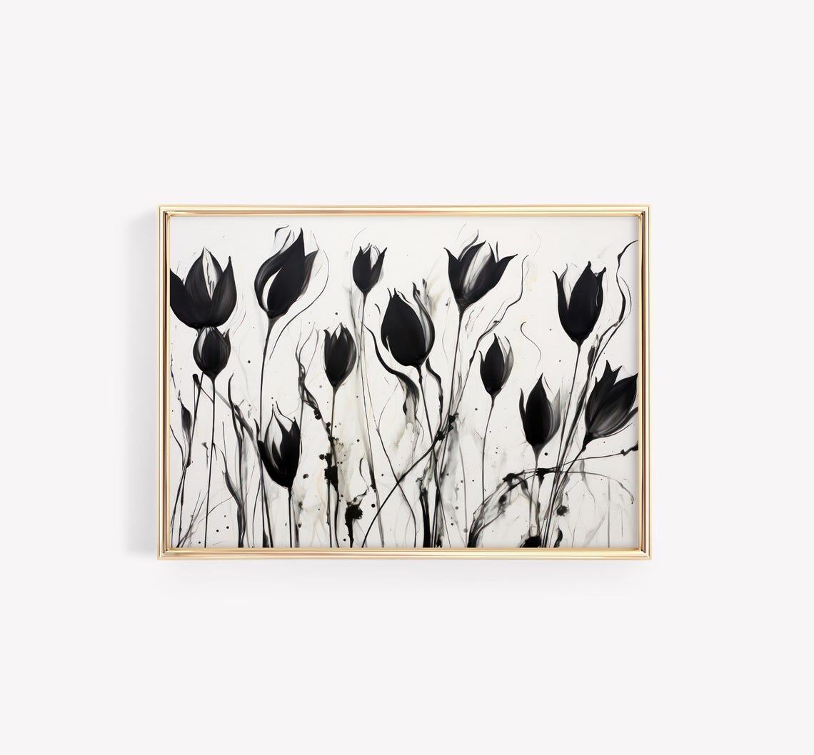 Black Tulip Silhouette Watercolor Floral Neutral Modern Poster - Image 3