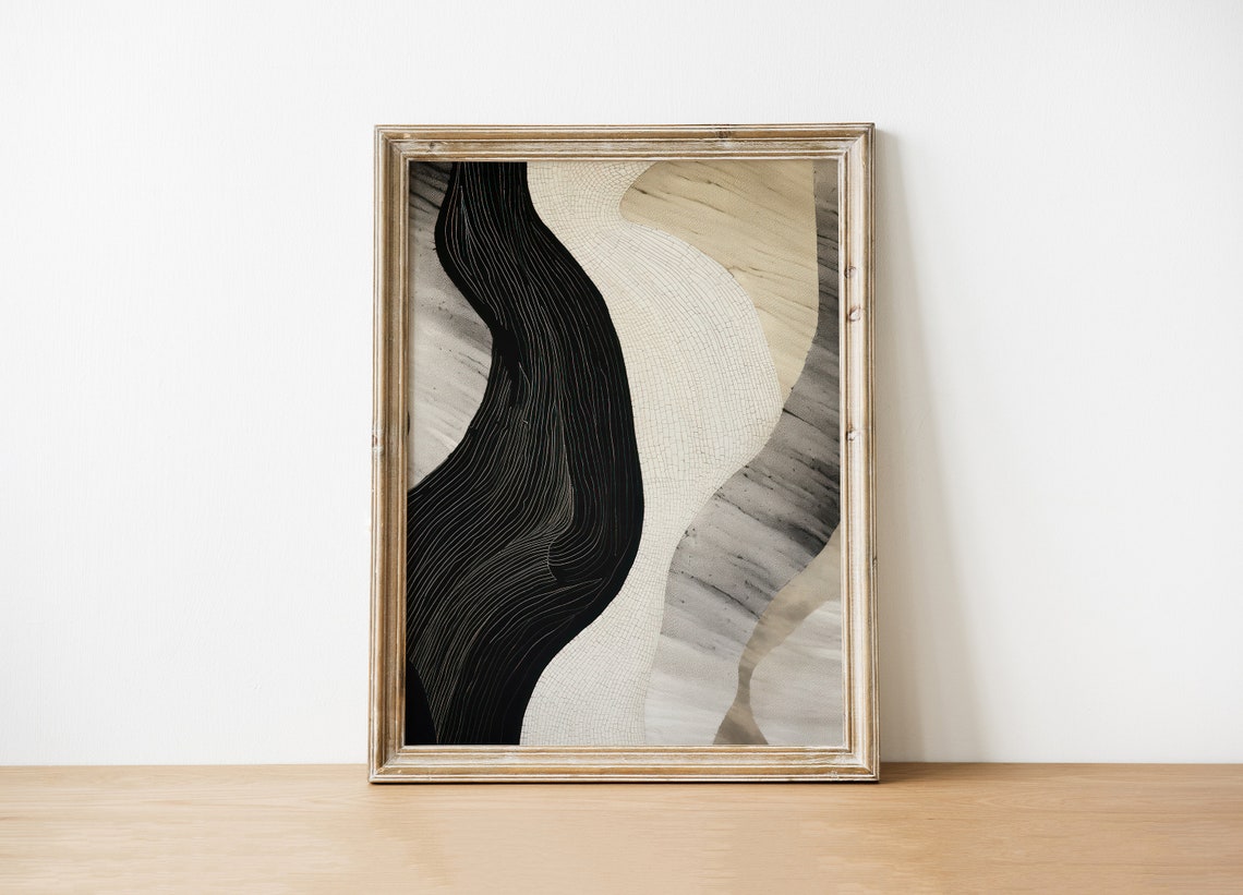 Flowing Neutral Abstract Wavy Line Beige Black Modern Poster - Image 2