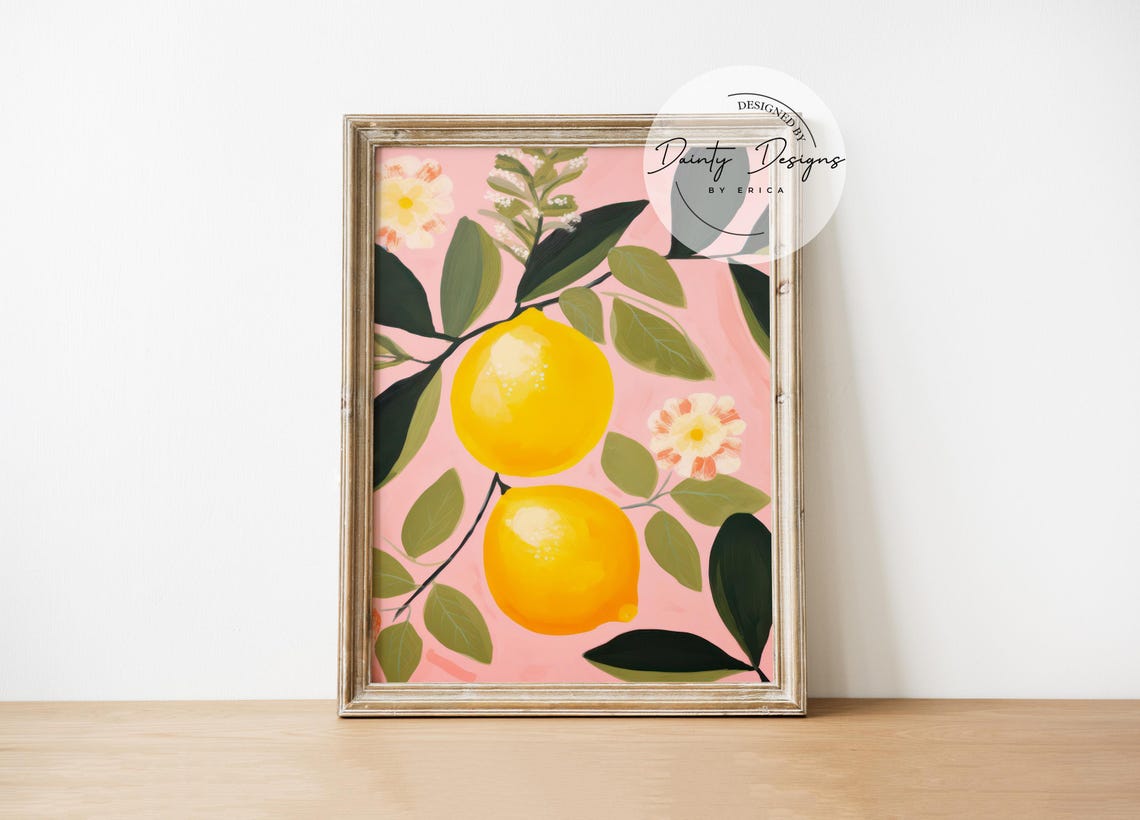 Juicy Lemon Branch Painting on Pink Background Trendy Kitchen Print - Image 2