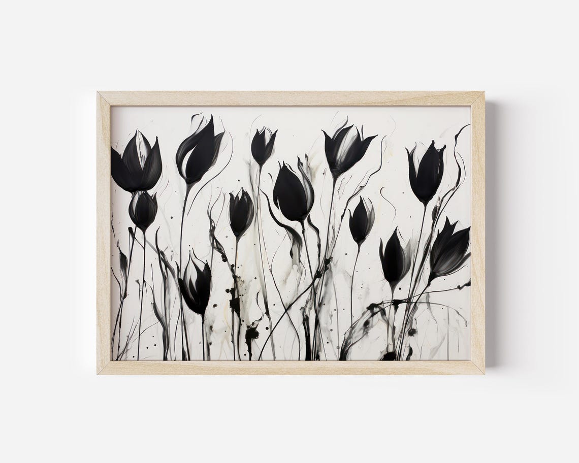 Black Tulip Silhouette Watercolor Floral Neutral Modern Poster - Image 4