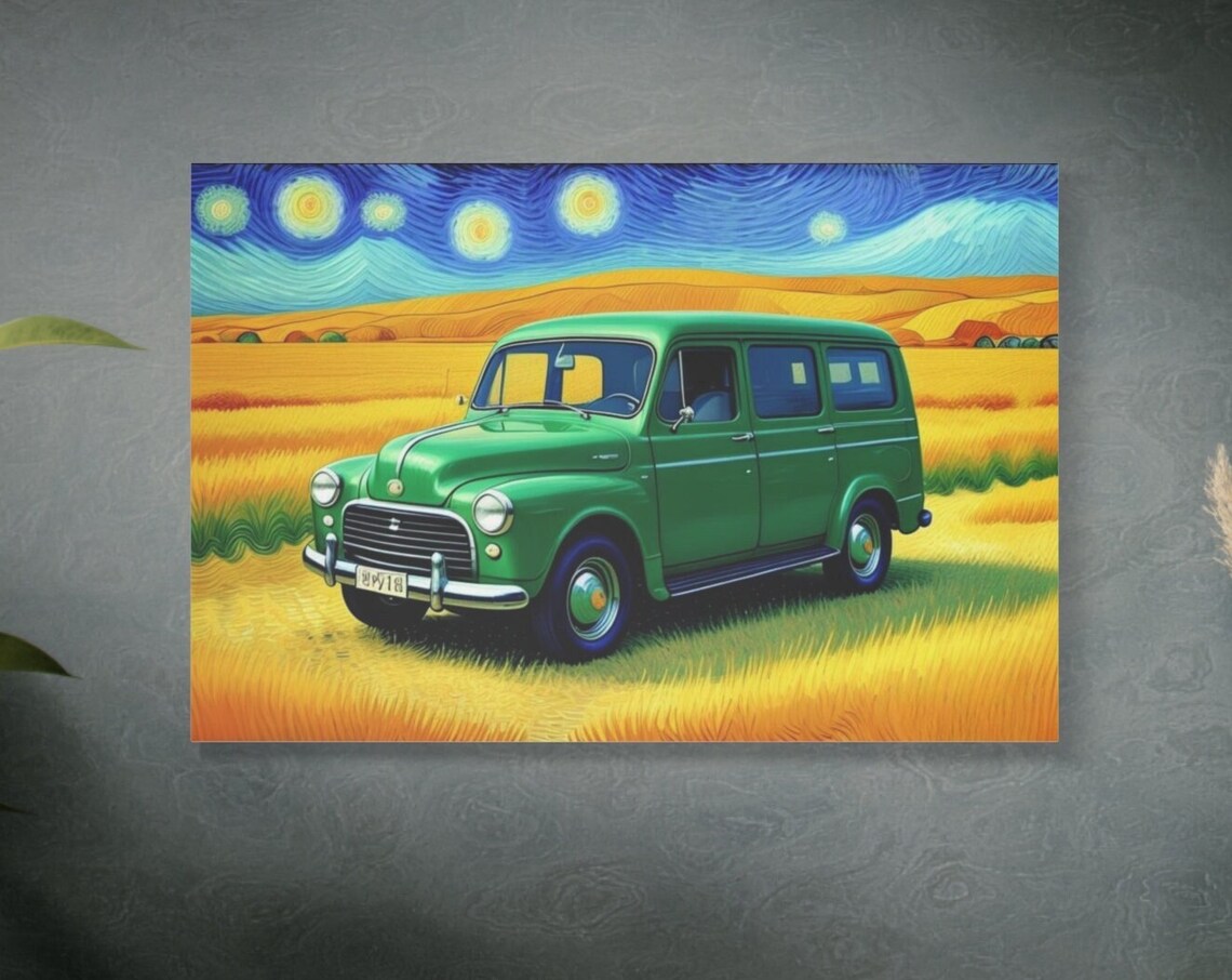 Vintage Green Van Starry Night Van Gogh Style Wheat Field Poster