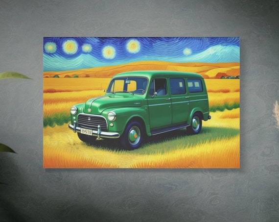 Vintage Green Car Art Starry Night Inspired Wall Art Van Gogh Style Painting Retro Green Van Yellow Landscape Gift