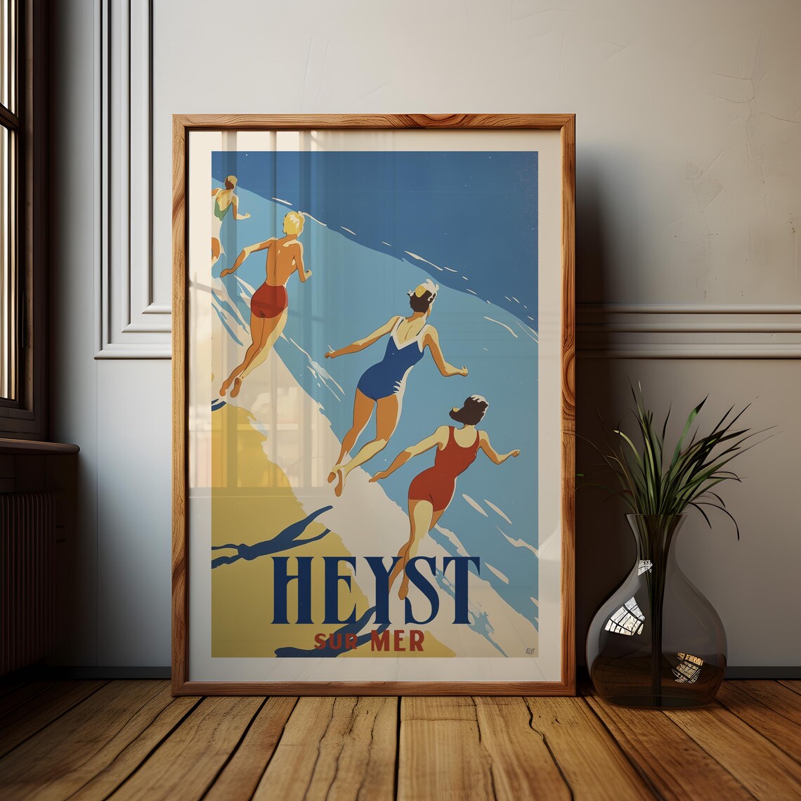 Heyst Sur Mer Vintage Beach Poster Retro Swimmers Running Seaside Scene - Image 2