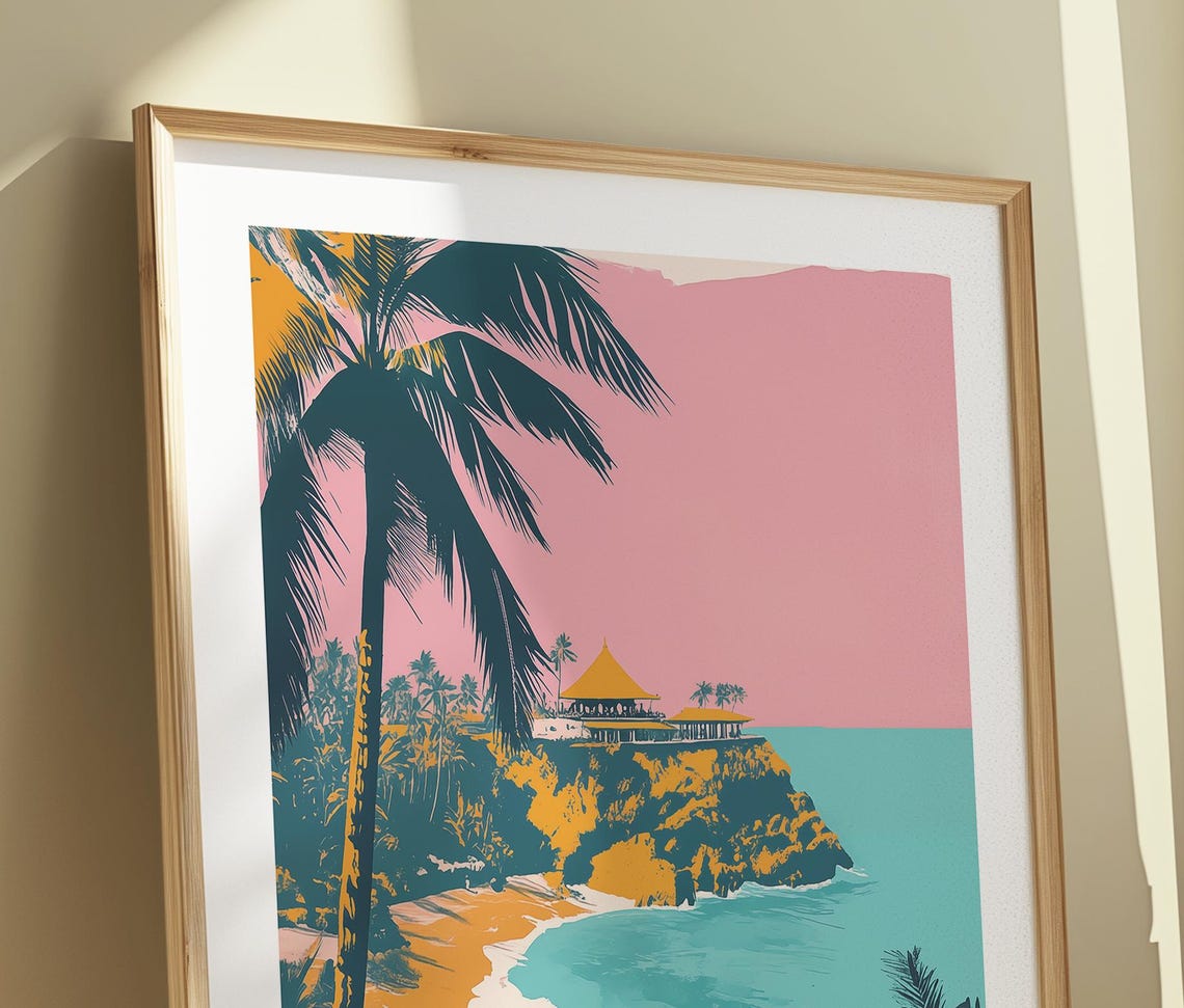 Bali Indonesia Tropical Beach Cliffside Temple Sunset Art Poster - Image 3