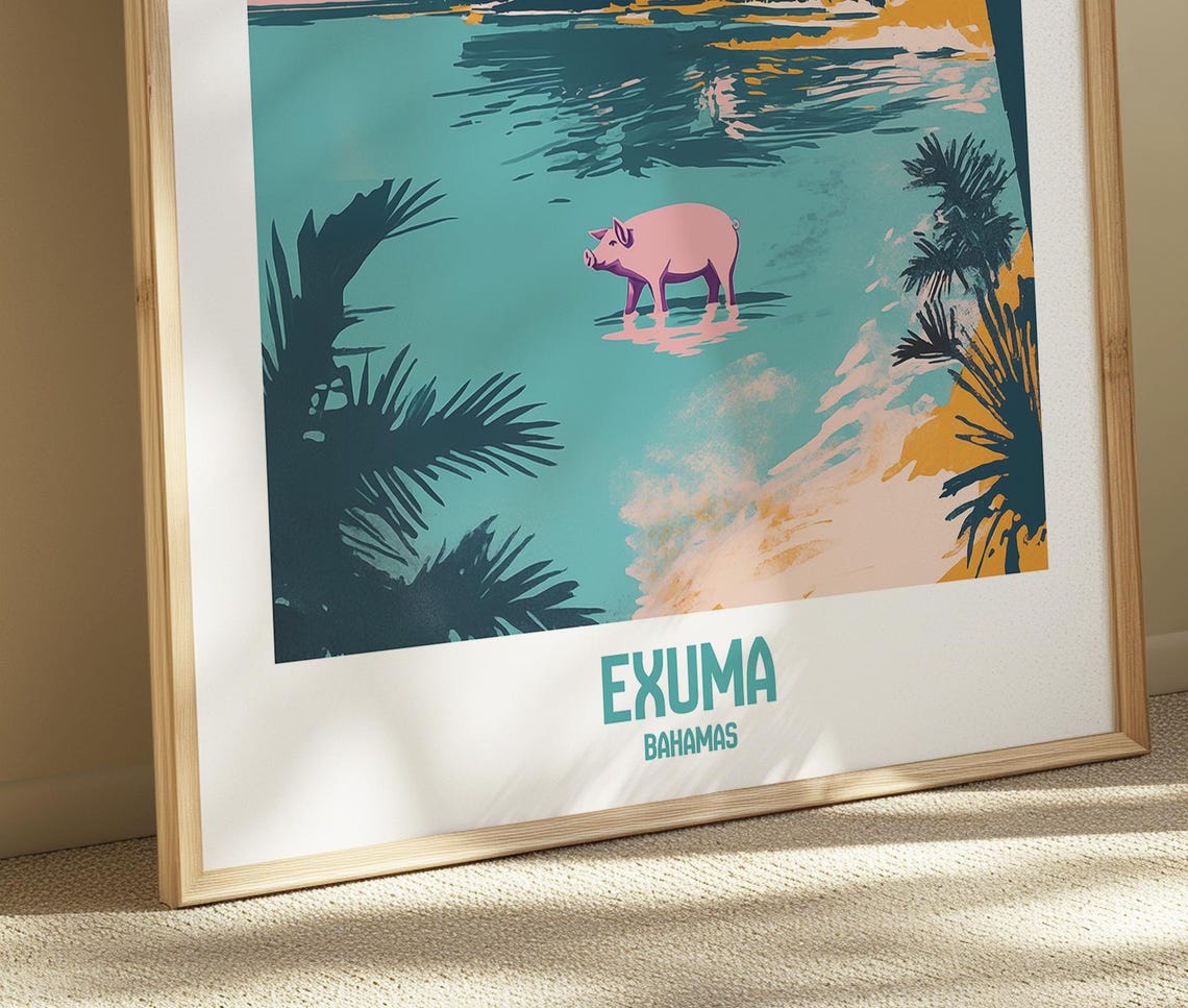 Exuma Bahamas Swimming Pig Turquoise Lagoon Tropical Fun Poster - Image 2