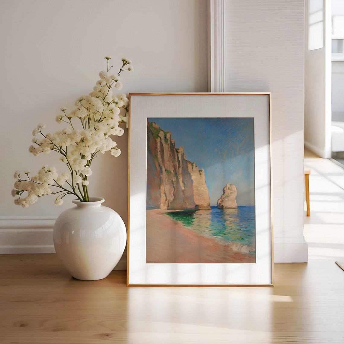 Sea Stack Chalk Cliffs Pink Sand Beach Normandy Coast Poster