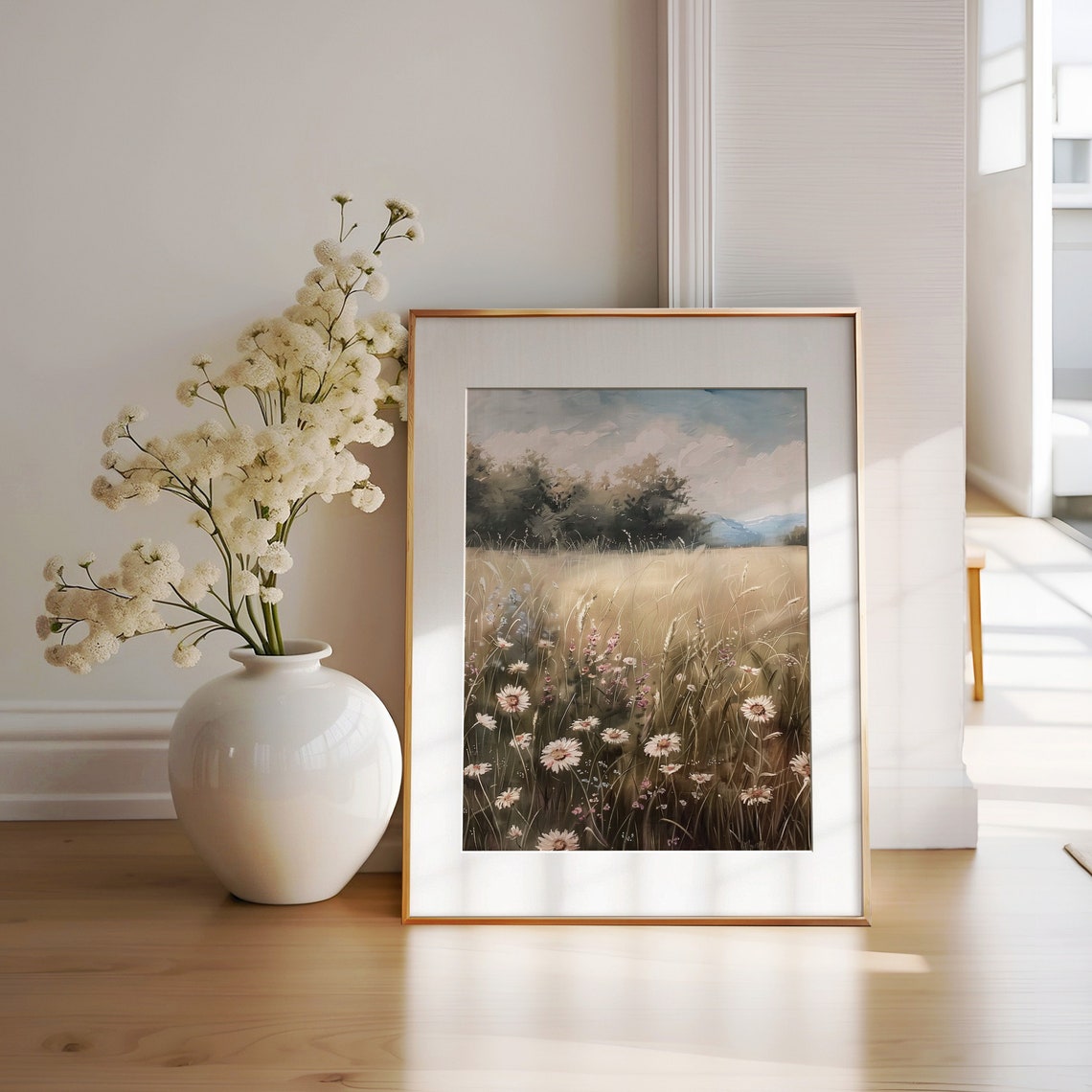 Rustic Wildflower Meadow With Daisies Under A Soft Sky Poster