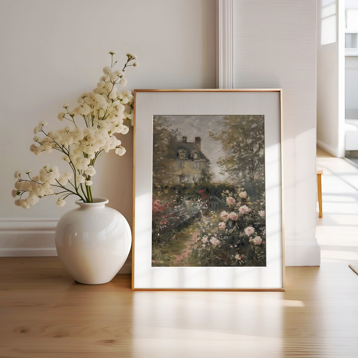 Cottage Rose Garden Vintage Garden Landscape Farmhouse Decor Oil Painting Country Landscape Print Wall Art