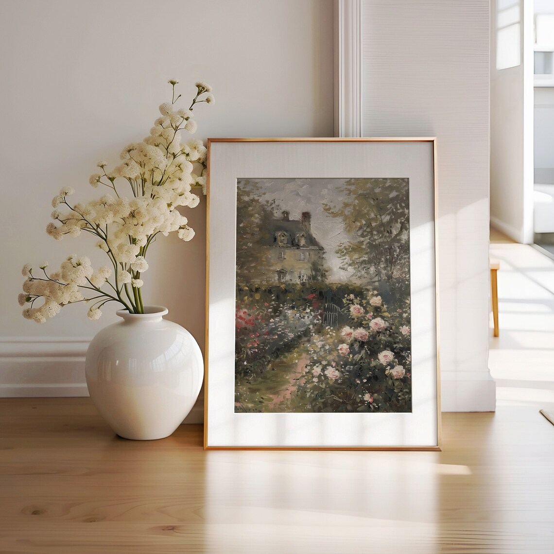 Old Stone Cottage Surrounded By Blooming Roses In Soft Light Poster