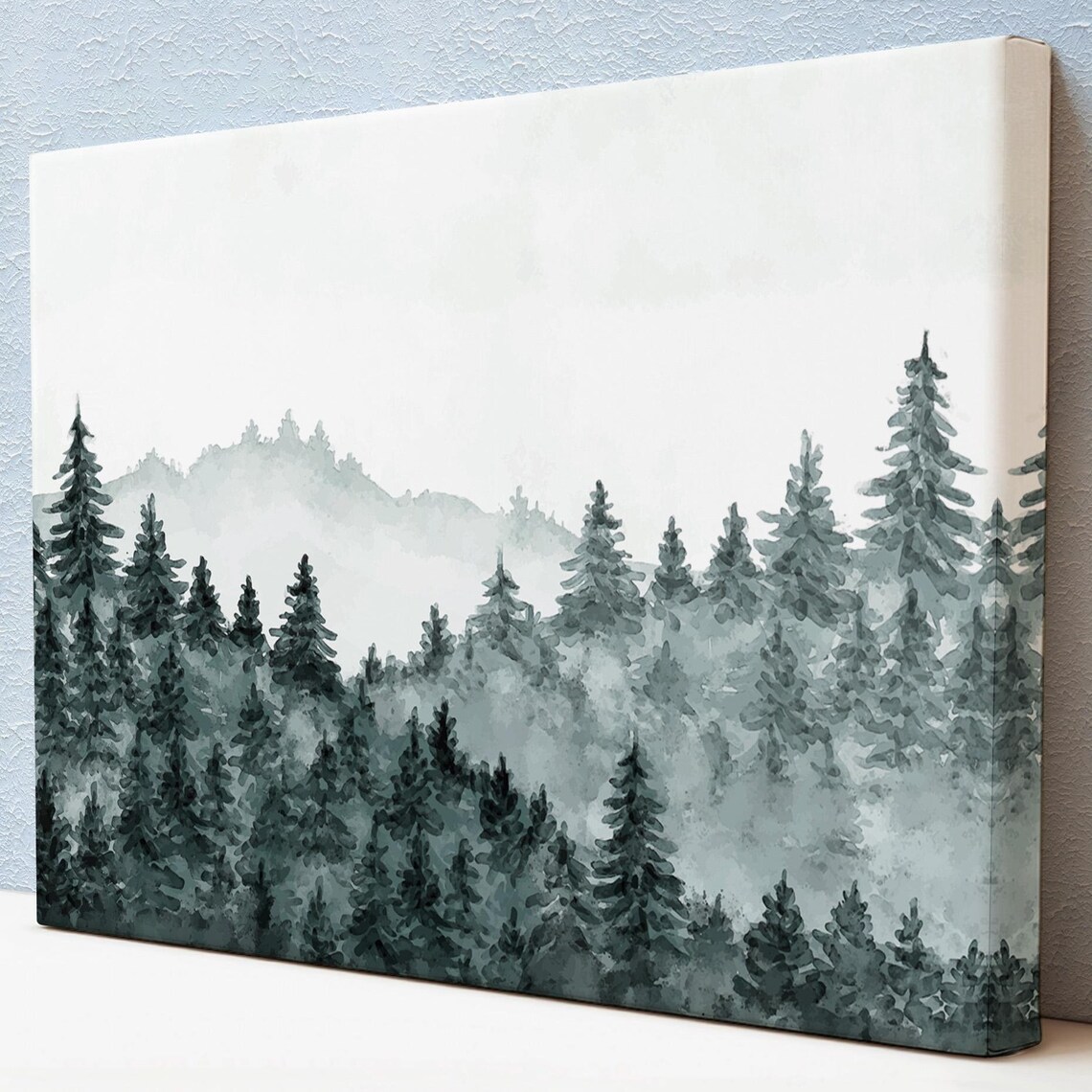 Misty Pine Forest Foggy Mountain Peaks Soft Gray Watercolor Wall Art