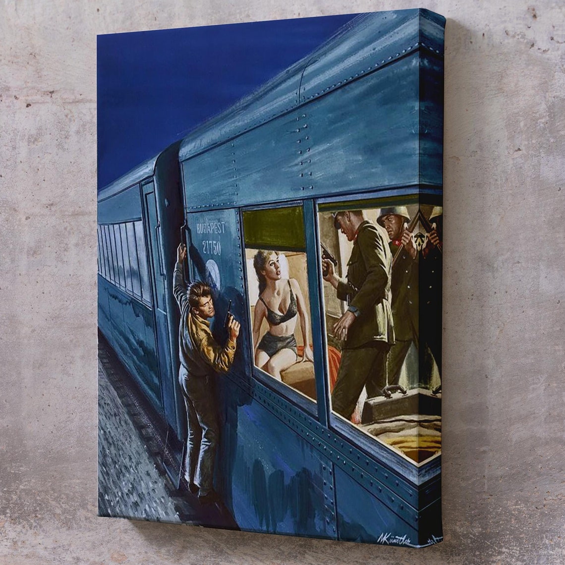 Cold War Spy Train Escape Budapest Pulp Style Action Art Poster