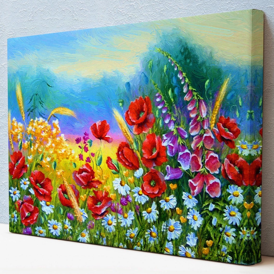 Colorful Wildflower Meadow Poppies Daisies Oil Style Blooming Print