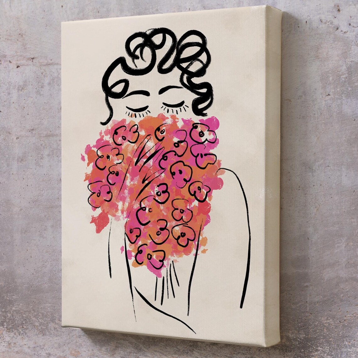 Minimalist Line Art Woman With Pink Flower Bouquet Boho Chic Wall Poster
