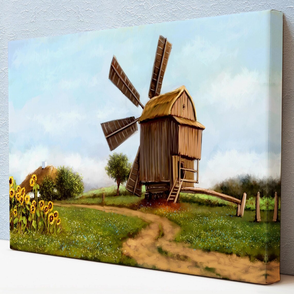 Old Wooden Windmill Green Countryside Meadow Dirt Path Cottage Poster