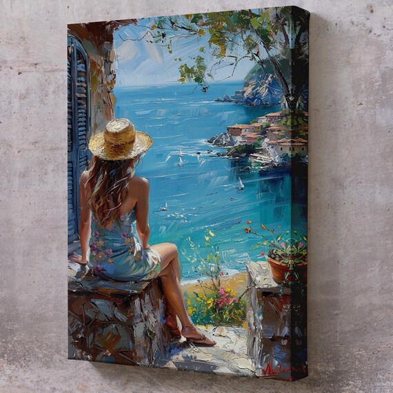 Woman Overlooking Bright Blue Mediterranean Bay Sailboats Village View Travel Poster