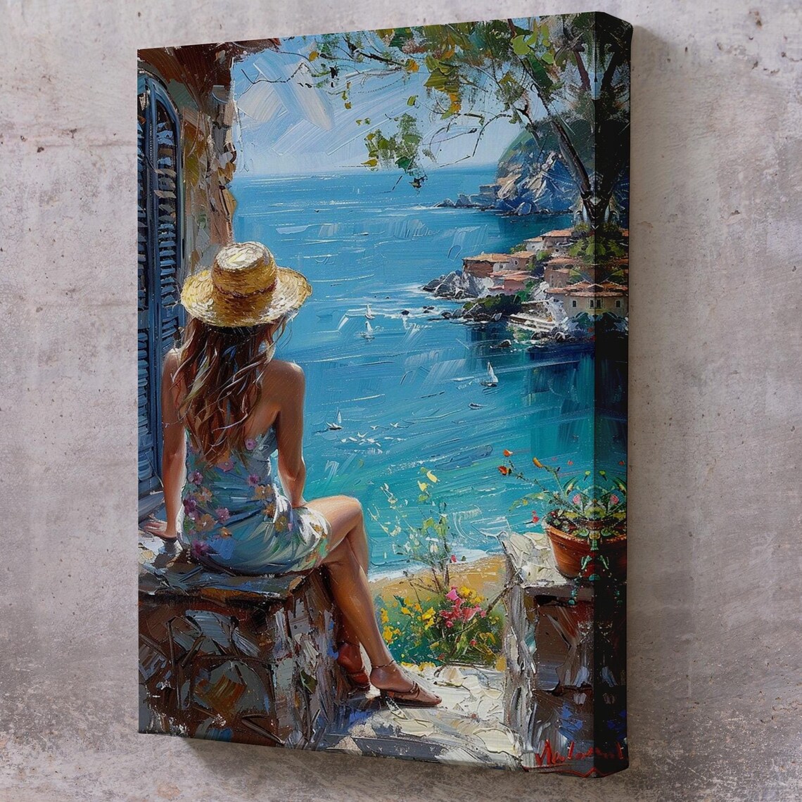 Woman Overlooking Bright Blue Mediterranean Bay Sailboats Village View Travel Poster