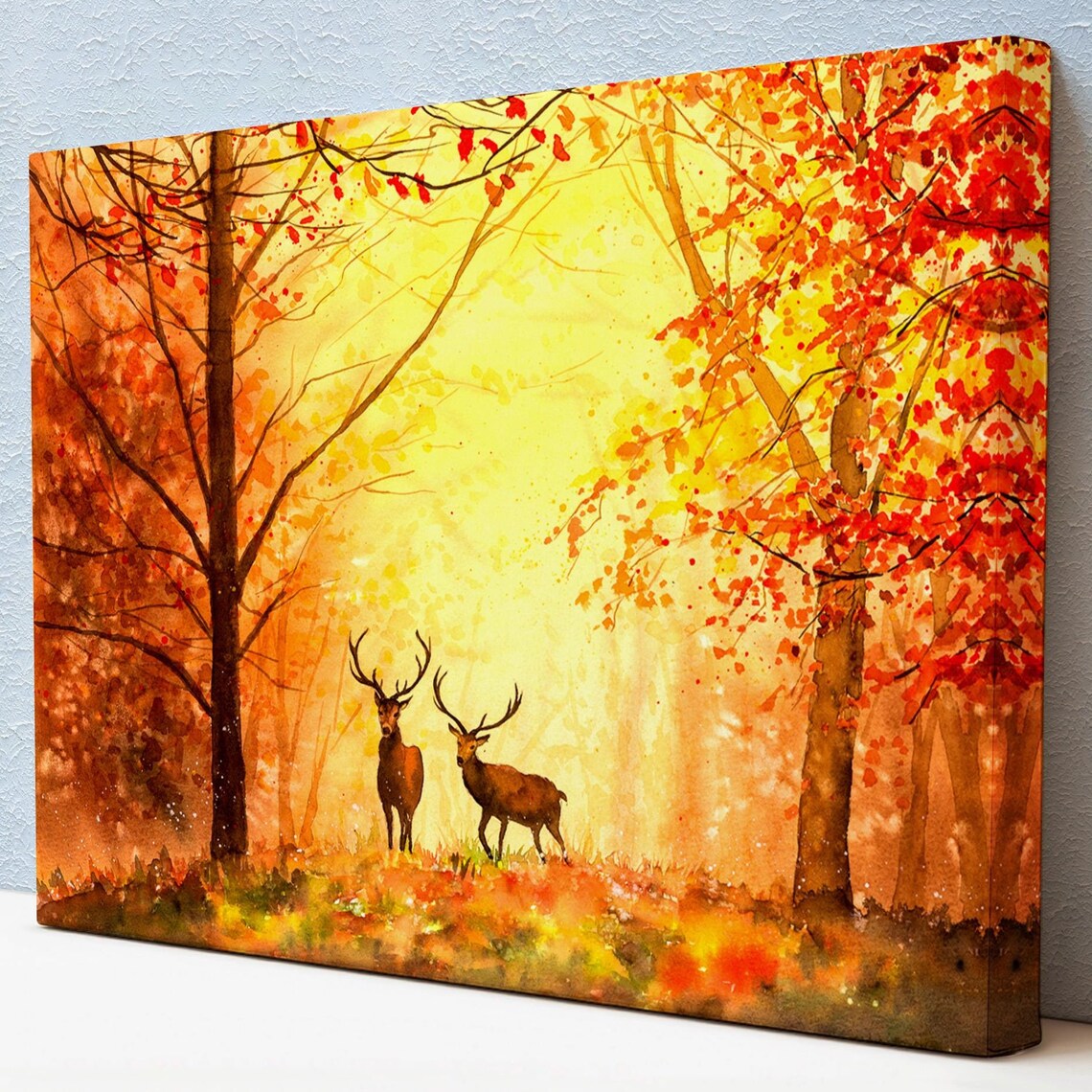 Two Stags Golden Autumn Forest Mist Warm Glowing Wildlife Painting