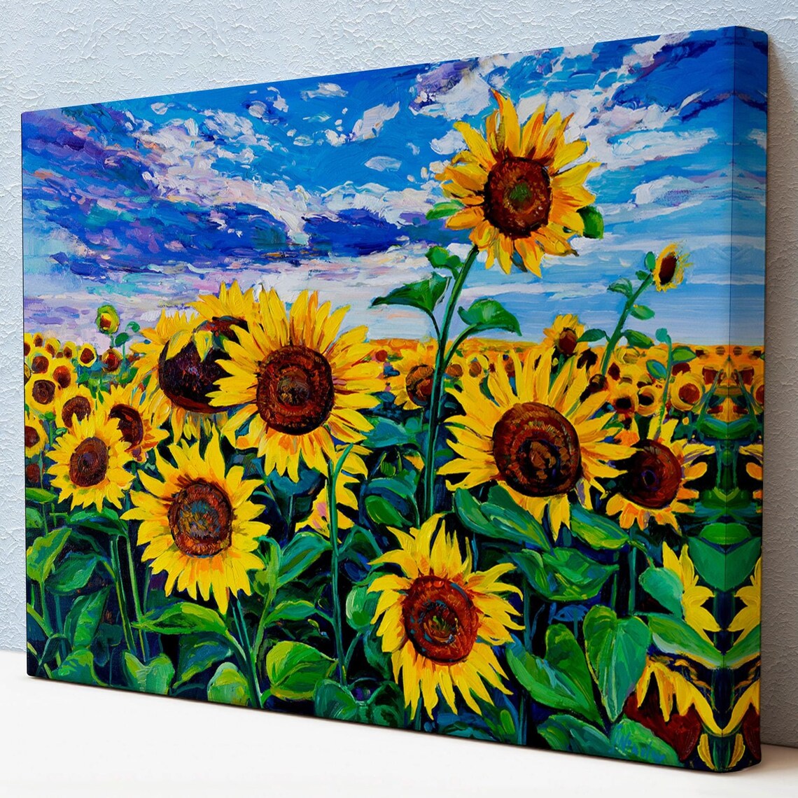 Tall Sunflowers Bright Blue Cloudy Sky Cheerful Summer Garden Poster