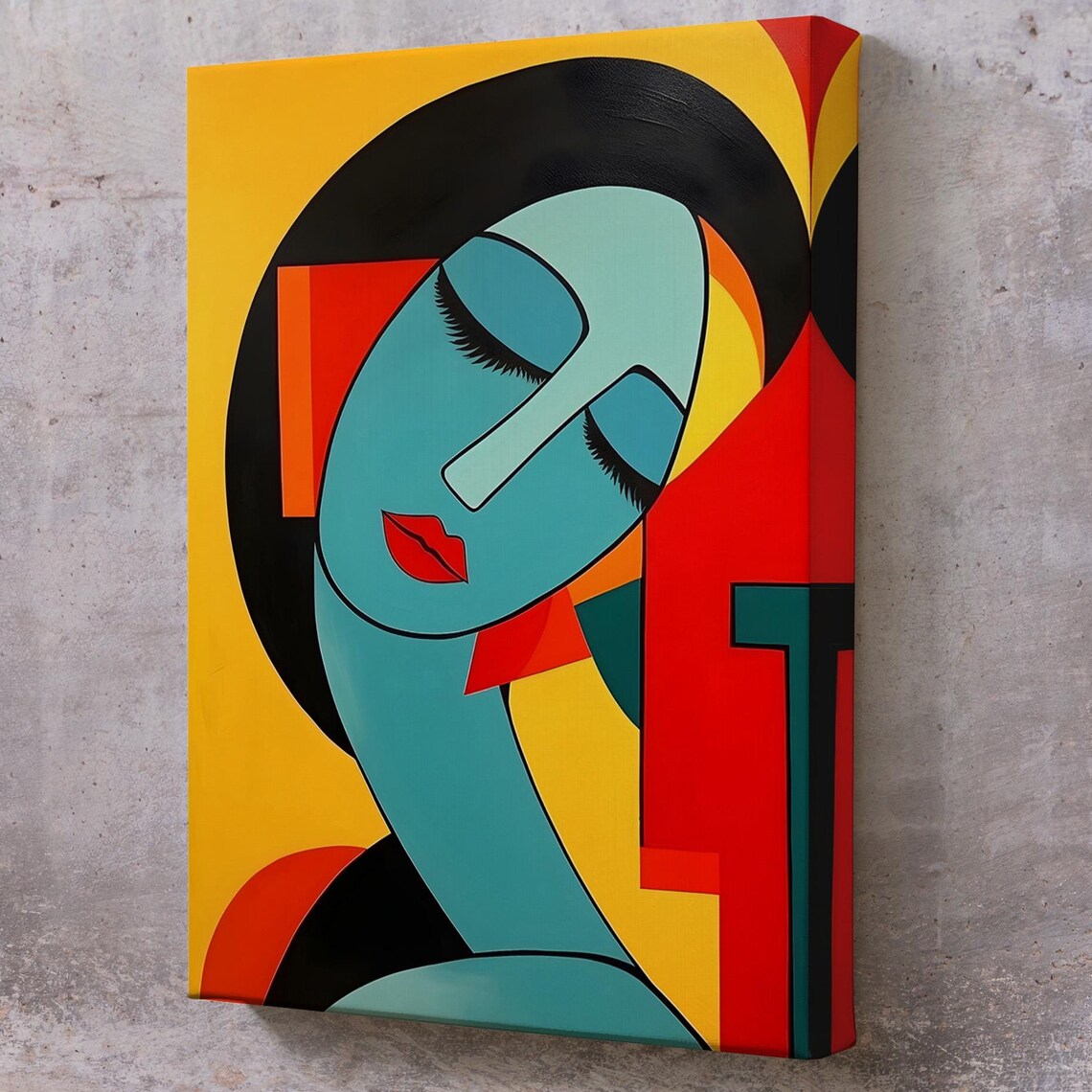 Cubist Woman Face Teal Red Yellow Geometric Modern Abstract Art Poster