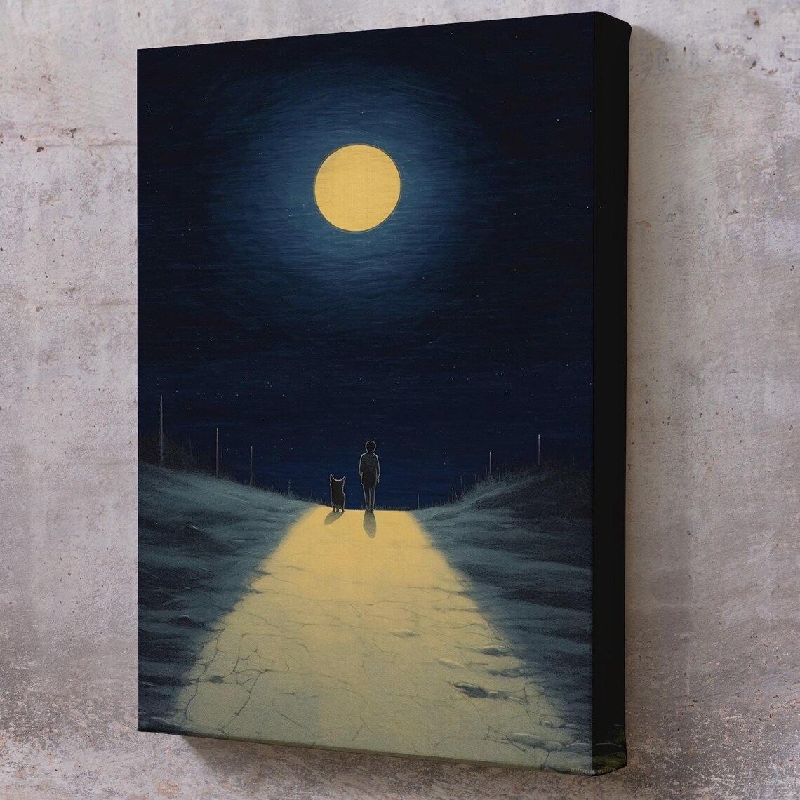 Boy and Dog Walking Moonlit Path Full Moon Silhouette Night Wall Poster