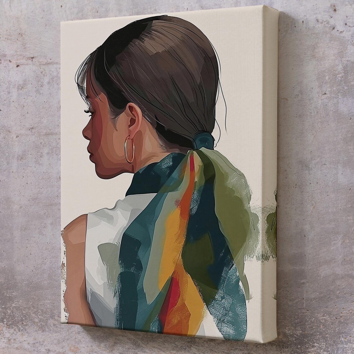 Elegant Woman Profile Colorful Scarf Hoop Earring Painterly Art Poster