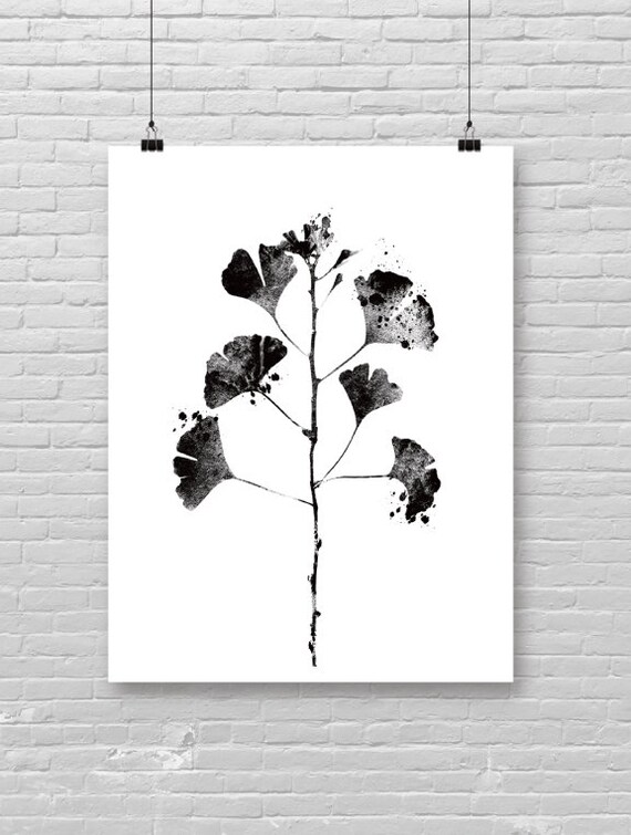 Black Ink Ginkgo Leaf Branch Minimalist Botanical Watercolor Poster