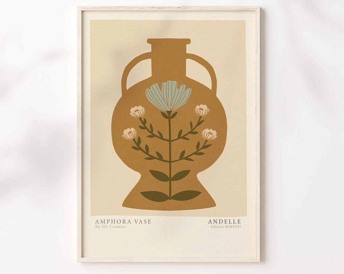 Ochre Amphora Vase No XII With Teal Bloom Floral Boho Art Poster