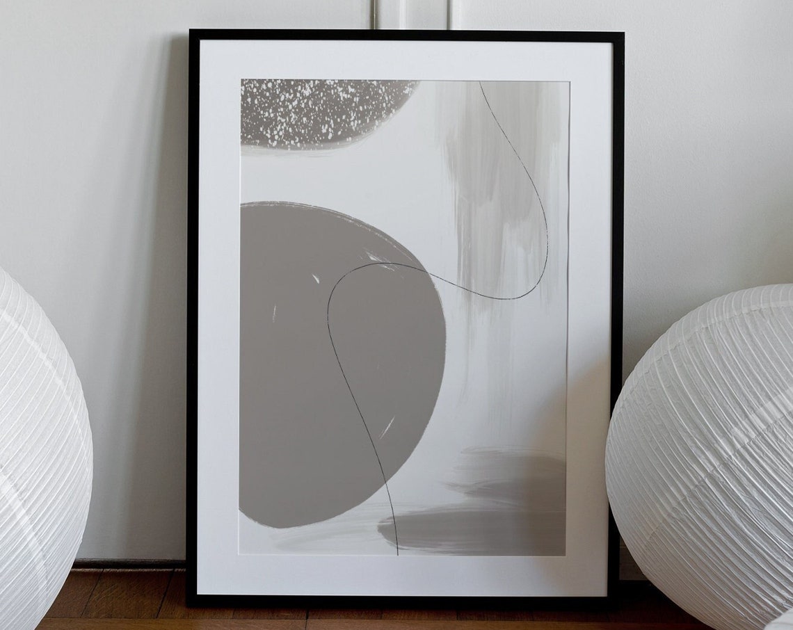 Gray Abstract Shapes Thin Line Modern Neutral Minimal Art Poster - Image 3