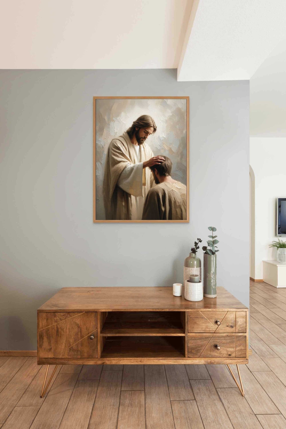 Jesus Laying Hand On Kneeling Man's Head In Blessing Christian Poster - Image 3