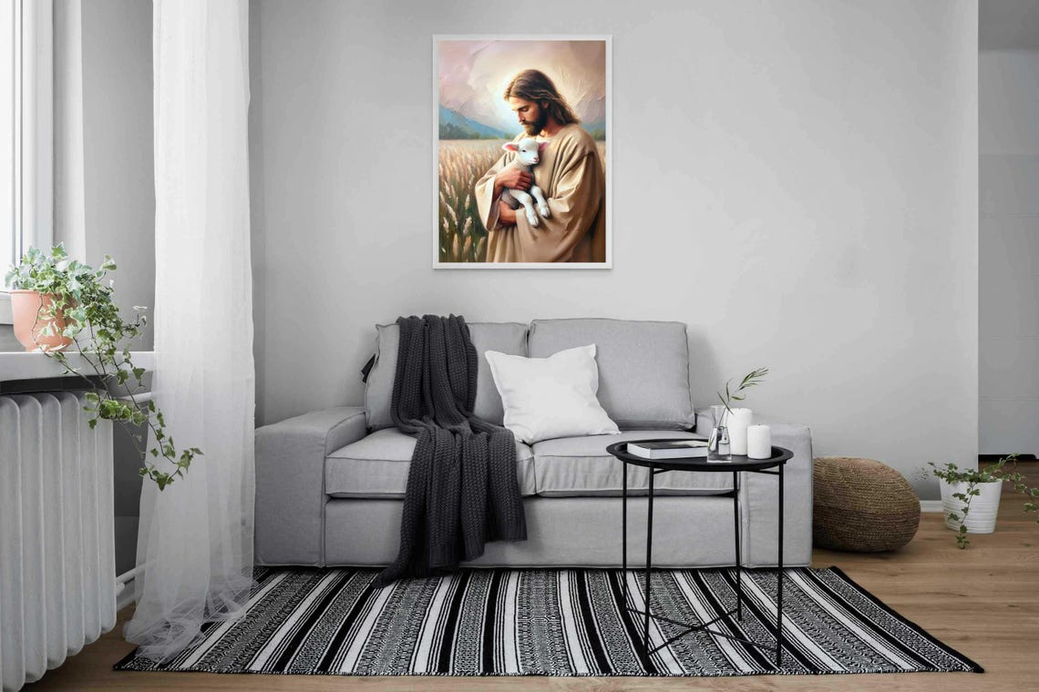 Jesus Holding White Lamb In Wheat Field Good Shepherd Painting Poster - Image 4