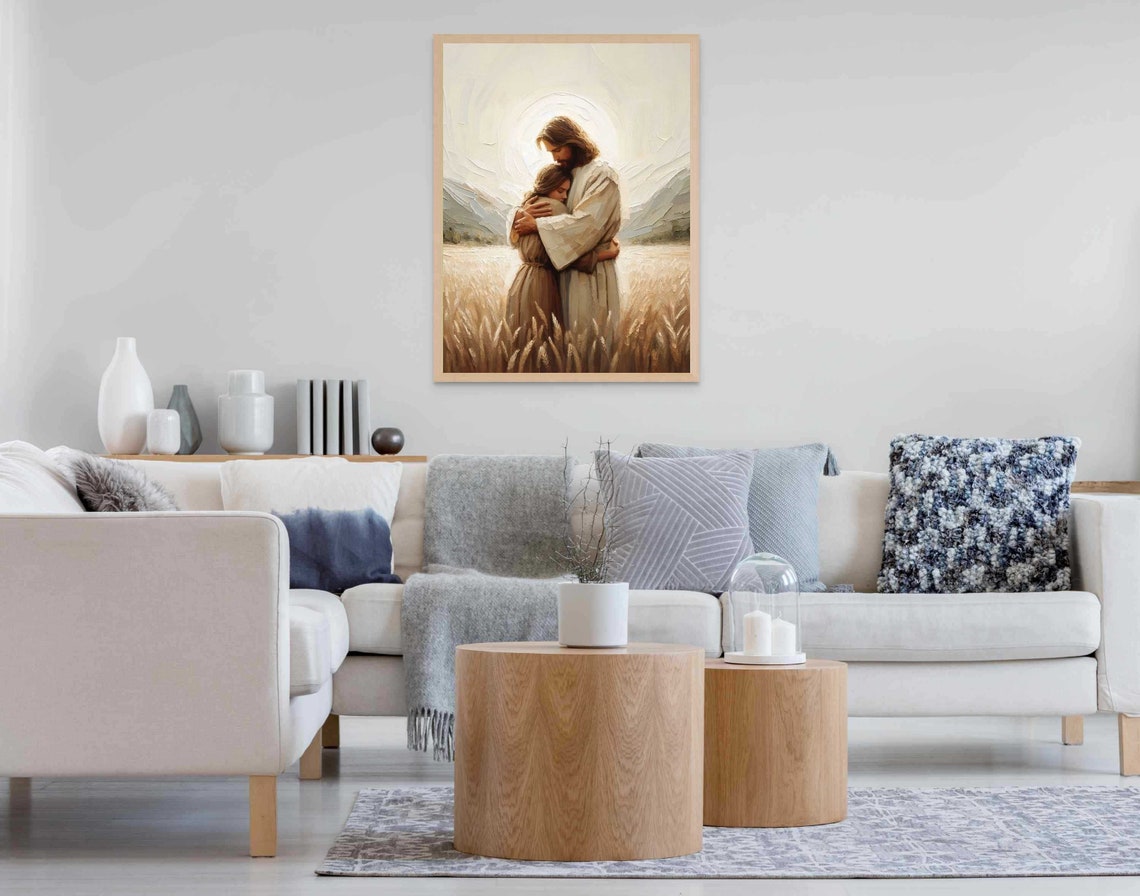 Jesus Embracing Girl In Golden Wheat Field With Mountain Glow Poster - Image 6