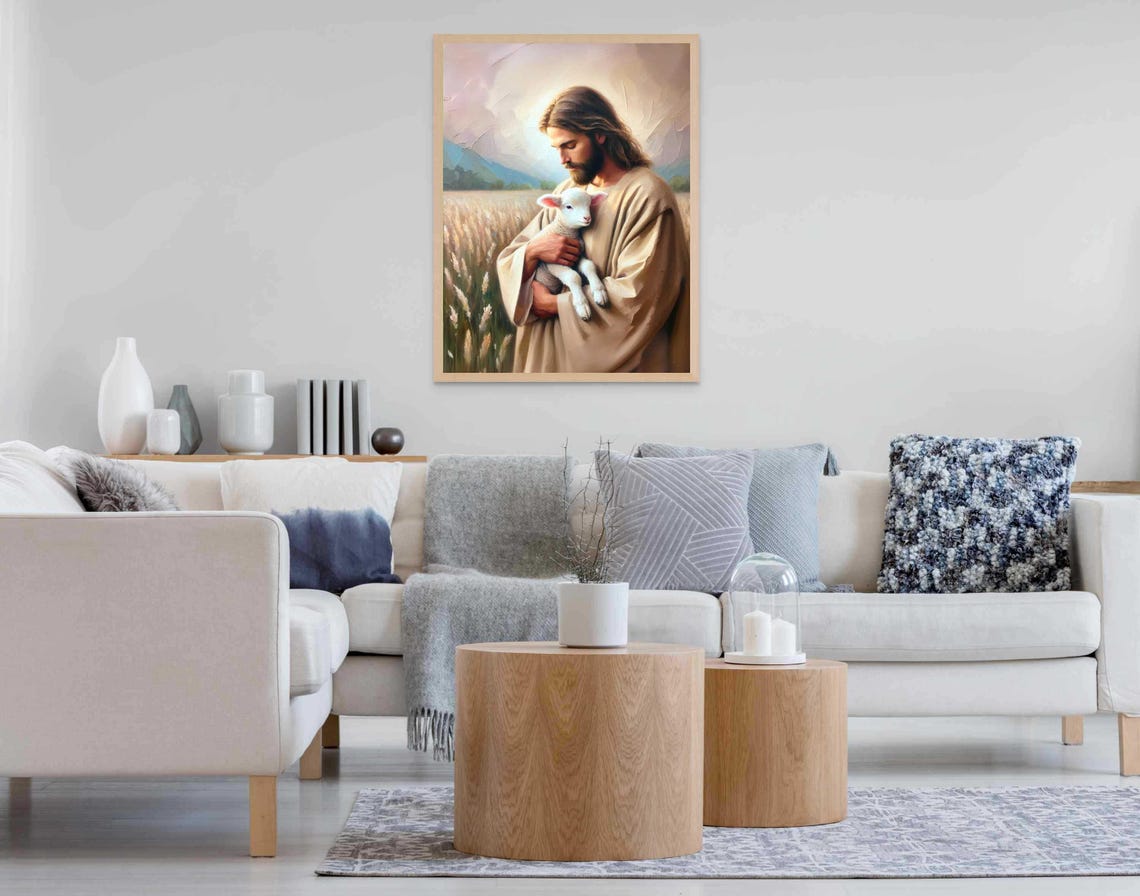 Jesus Holding White Lamb In Wheat Field Good Shepherd Painting Poster - Image 7