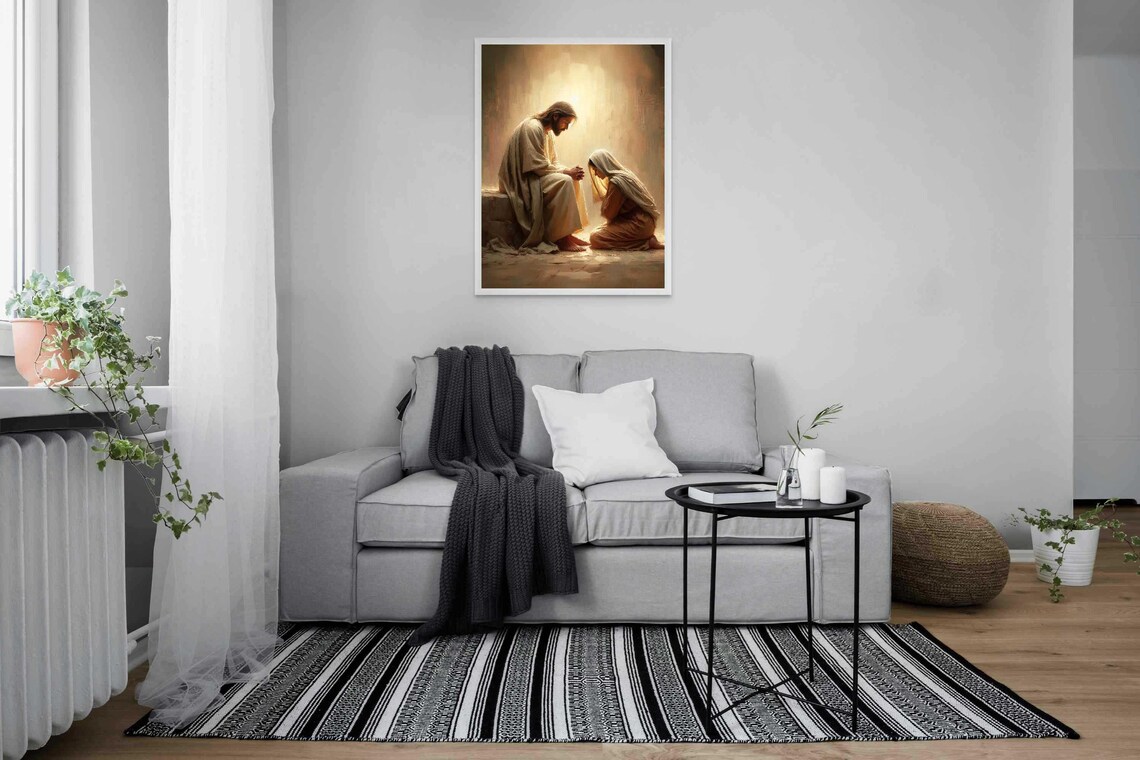 Jesus Praying Beside Kneeling Woman In Soft Golden Light Faith Poster - Image 4
