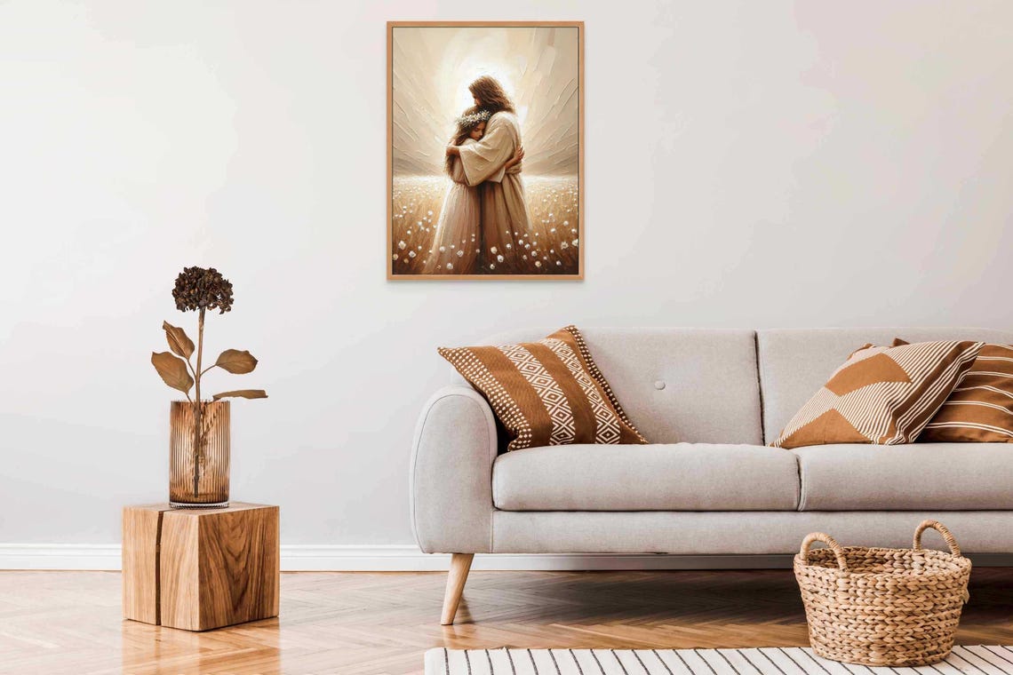 Jesus Embracing Girl With Flower Crown In Wheat Field Sky Rays Poster - Image 6