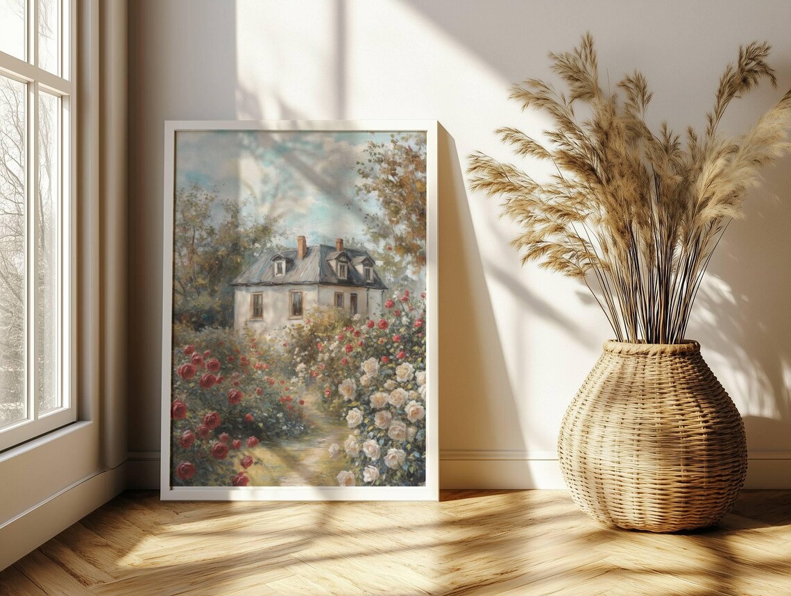 Rose Garden Cottage Path Impressionist Country Painting Poster - Image 2