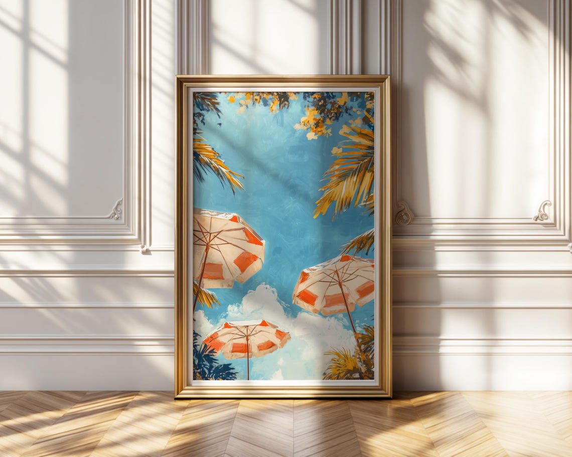 Striped Beach Umbrellas Blue Sky Palm Fronds Summer View Poster