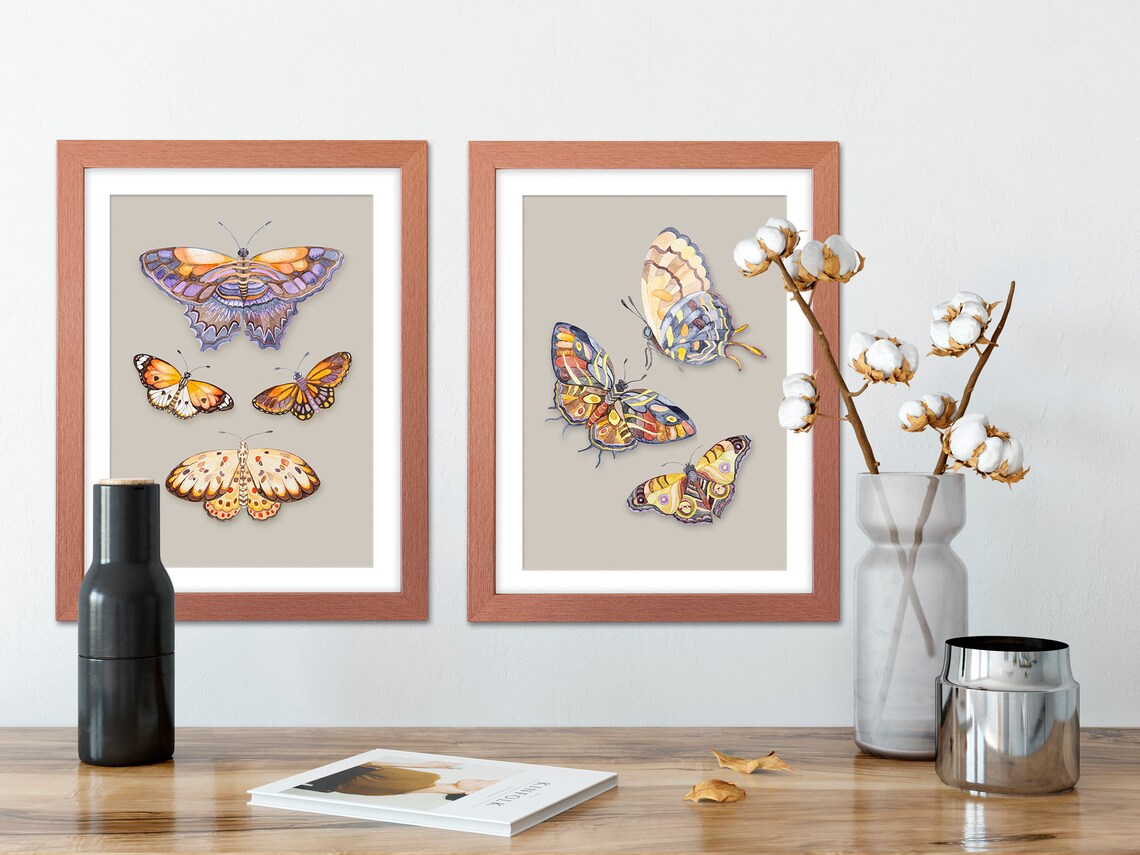 Trio Of Colorful Watercolor Butterflies Dancing On Beige Art Poster - Image 3