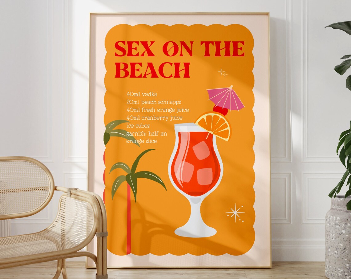 Sex on the Beach Cocktail Recipe Retro Kitchen Bar Cart Art Poster