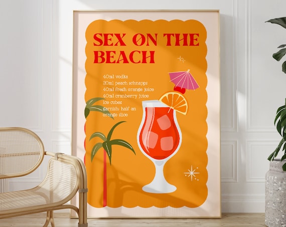 Sex on the Beach Cocktail Recipe Retro Kitchen Bar Cart Art Poster