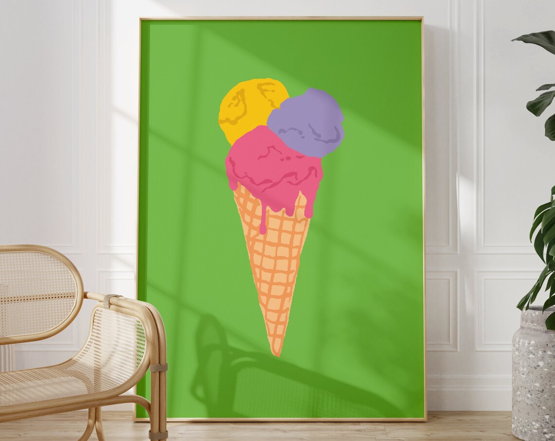 Colorful Ice Cream Cone Art Vibrant Triple Scoop Kitchen Poster Decor