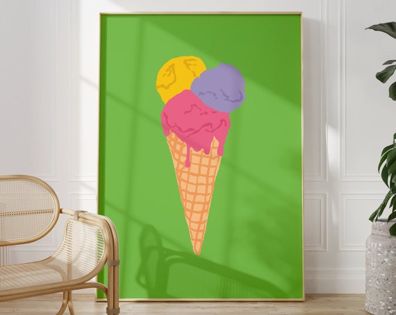 Ice Cream Cone Art Print Unframed Bright Vibrant Colourful Green Food Print Kitchenliving Room Wall Art