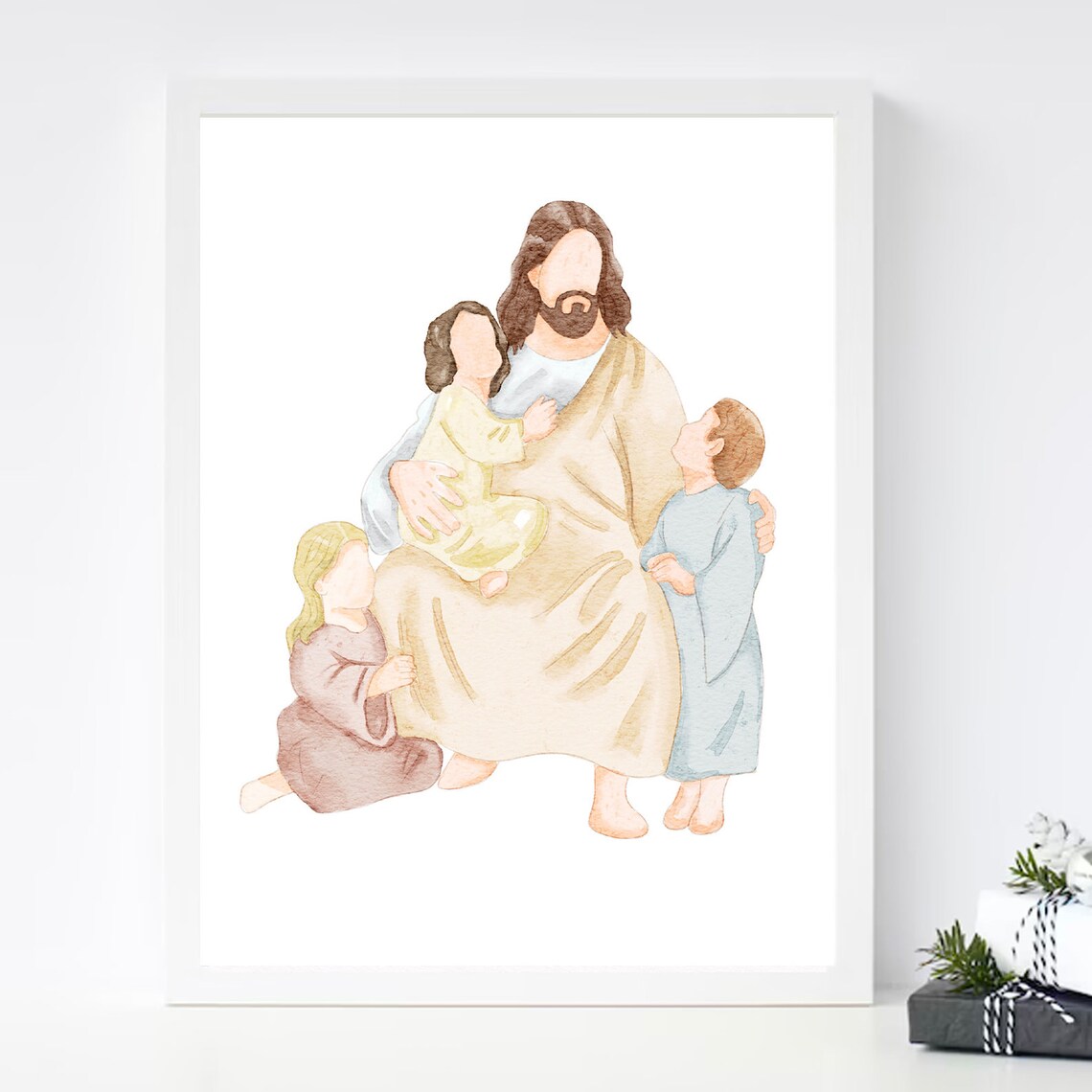 Jesus Surrounded by Three Children in Soft Pastel Watercolor Poster