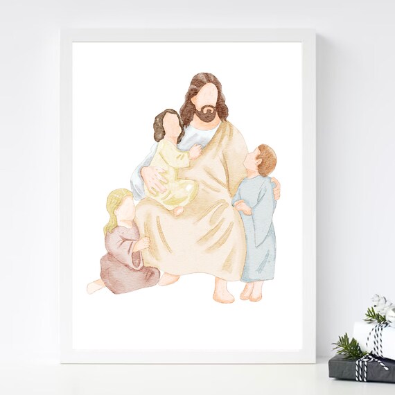 Jesus Surrounded by Three Children in Soft Pastel Watercolor Poster