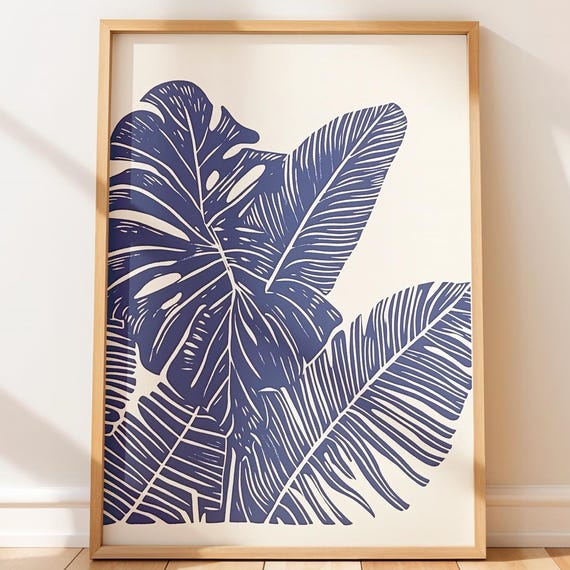 Tropical Monstera And Banana Leaves Print Modern Minimalist Wall Art Highcontrast Botanical Decor Graphic Linocut