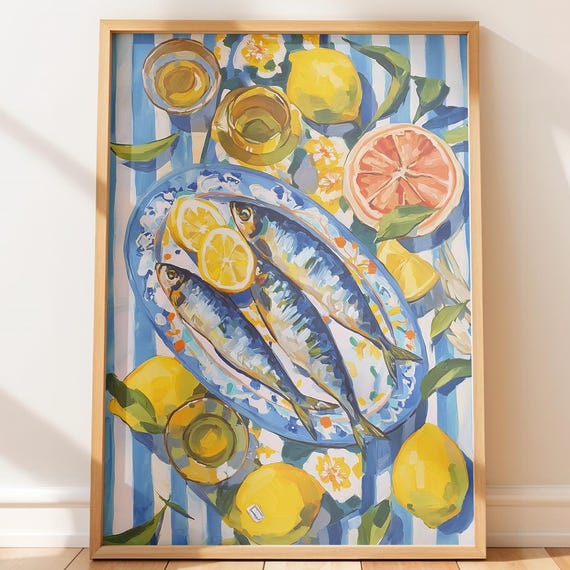 Sardines Seafood Illustration Print Fish Art Cozy Summer Kitchen Decor Vibrant Watercolor Wall
