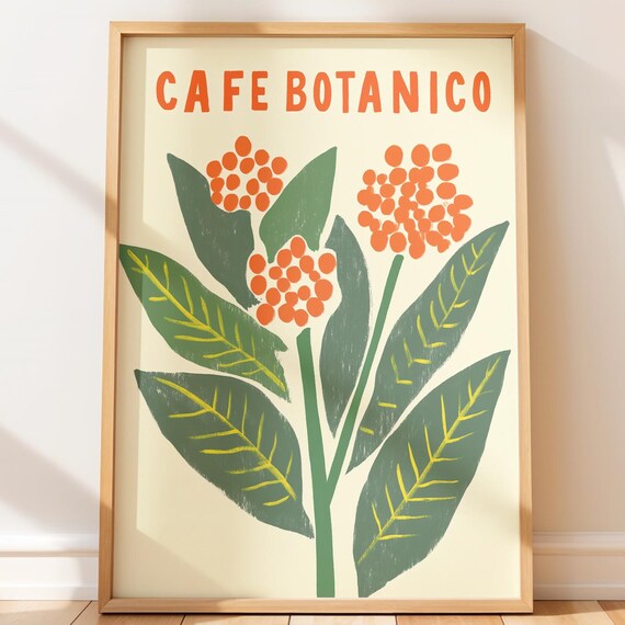 Cafe Botanico Coffee Plant Berries Retro Botanical Decor Poster