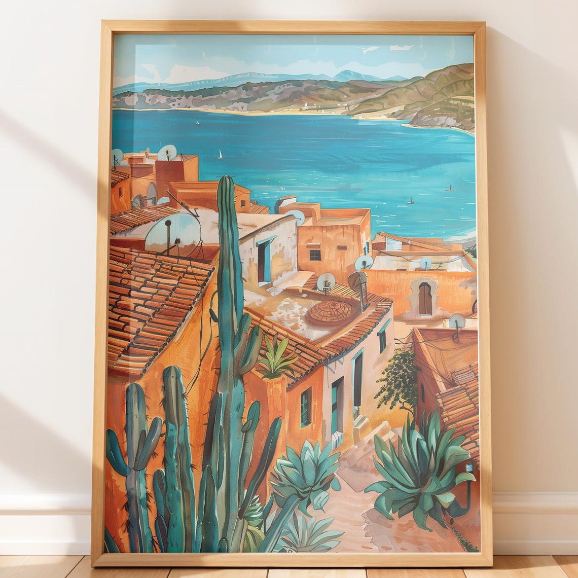 Moroccan Coastal Rooftops Over Turquoise Bay Scenic Art Poster