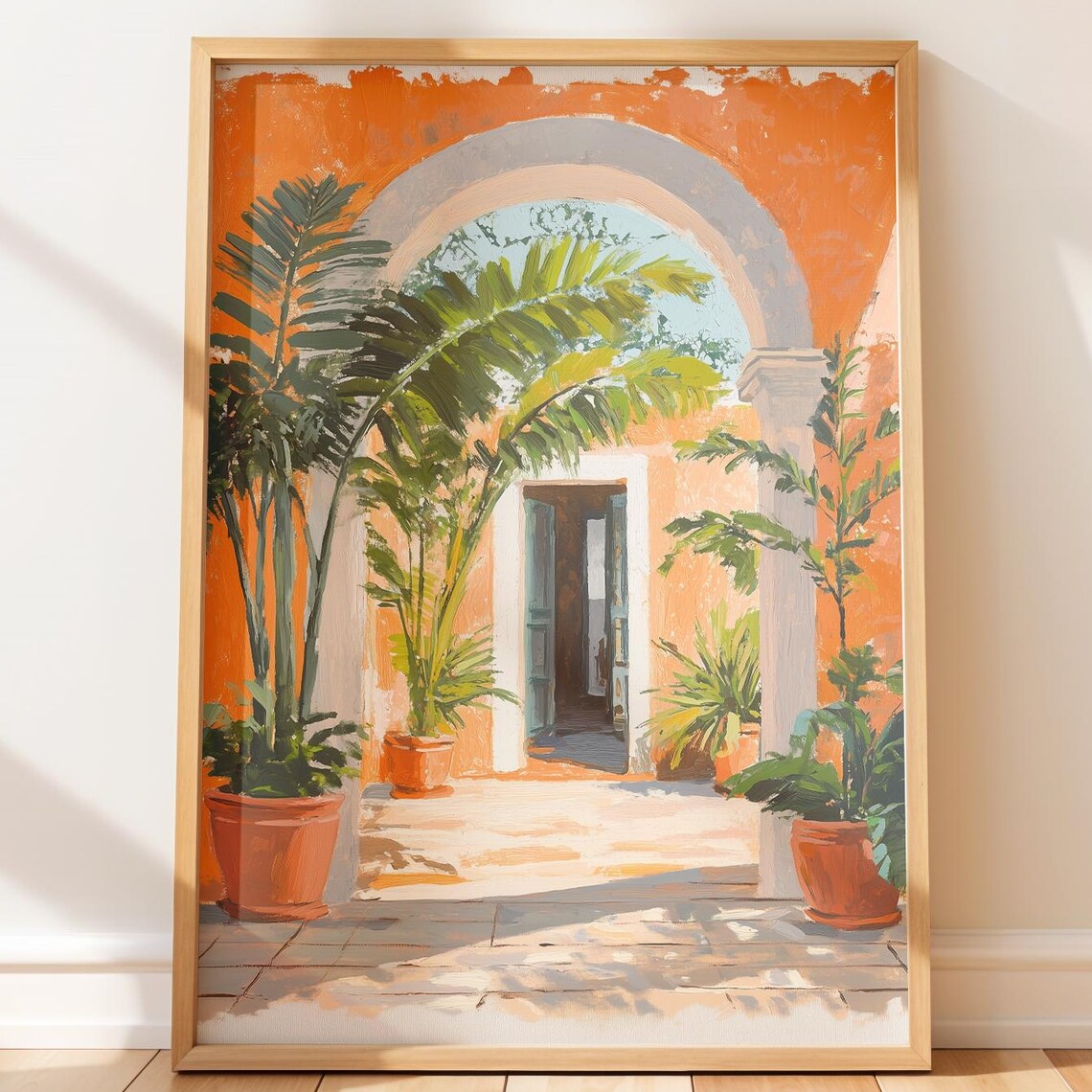 Mediterranean Courtyard Terracotta Arch Palm Pots Sunny Travel Poster