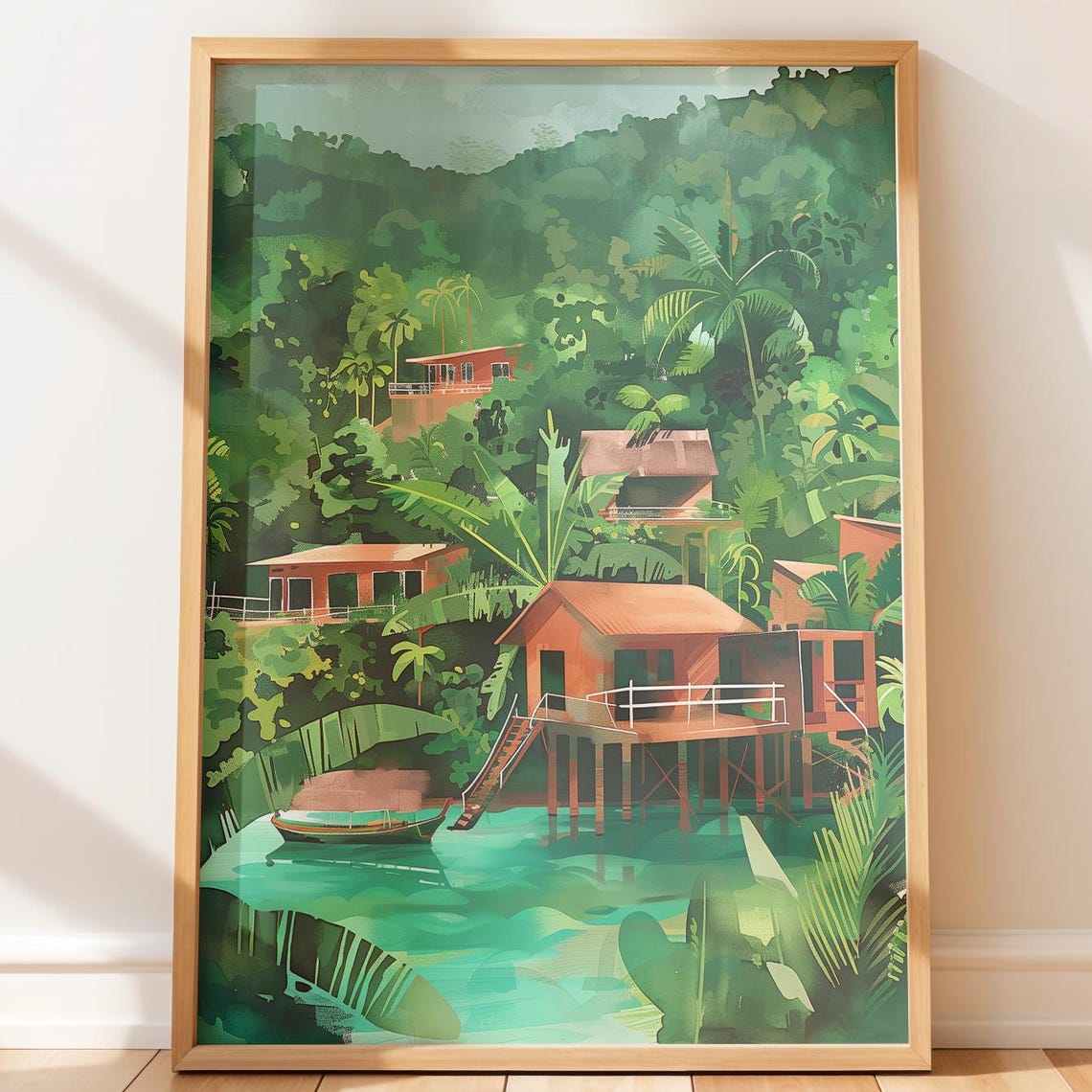 Tropical Jungle Stilt Houses Turquoise Water Lagoon Scene Poster